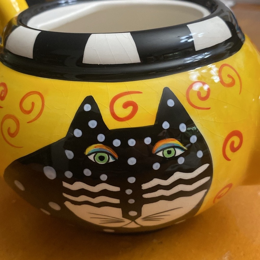 Laurel Burch Vintage 1998 Ceramic Polka Dot Cat Teapot Yellow/Black - Picture 5 of 14